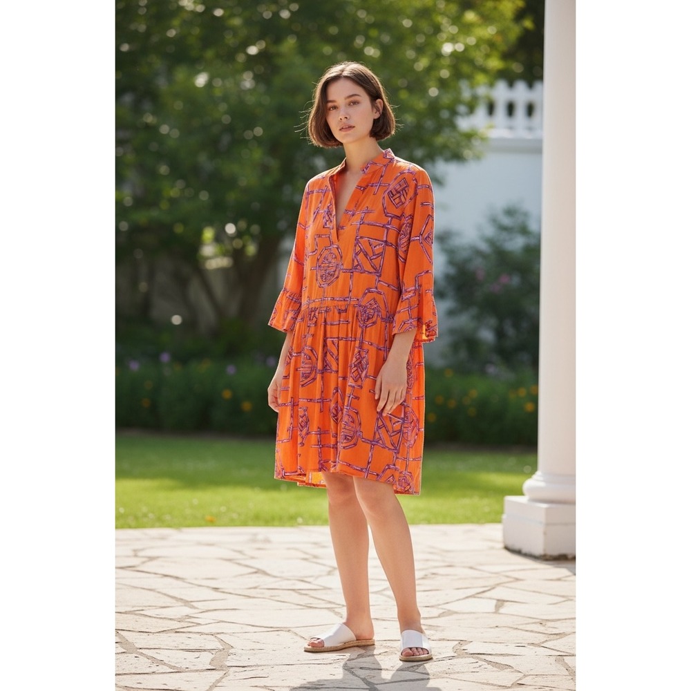 Jude Connally Orange Purple Bamboo print Cotton Babydoll Dress XS vacation retro